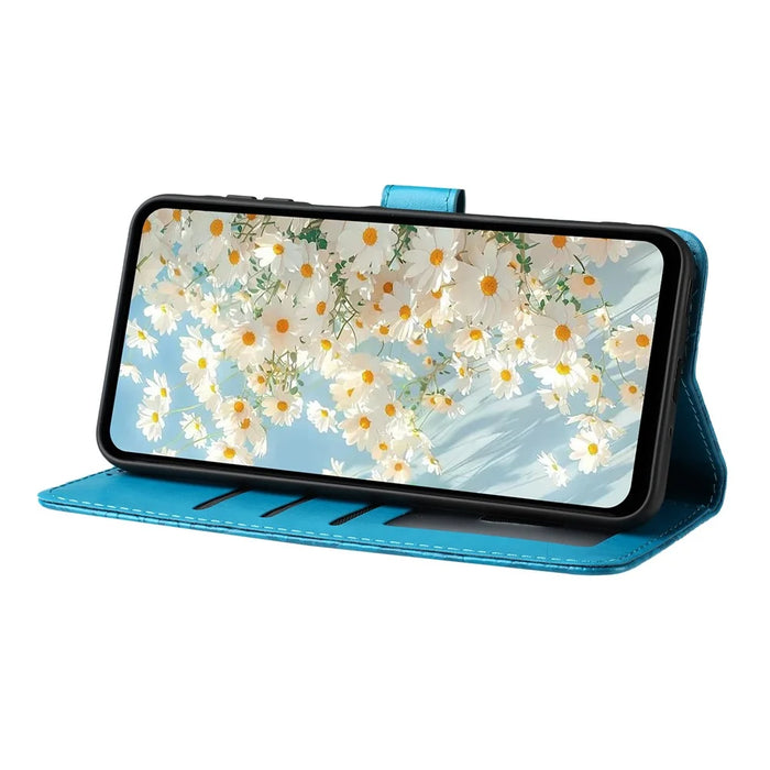 For iPhone 16 Leather Case Daisy Imprint Wallet Stand Phone Protective Cover - Baby Blue - 3