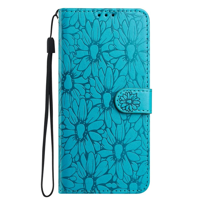 For iPhone 16 Leather Case Daisy Imprint Wallet Stand Phone Protective Cover - Baby Blue - 5