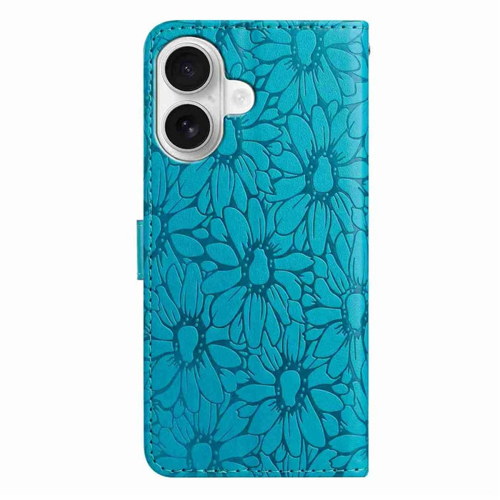 For iPhone 16 Leather Case Daisy Imprint Wallet Stand Phone Protective Cover - Baby Blue - 6