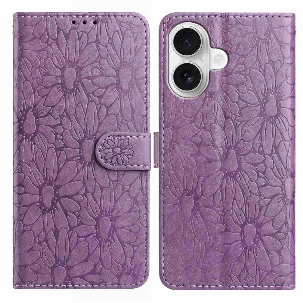 For iPhone 16 Plus Leather Case Daisy Imprint Wallet Stand Phone Protective Cover - Light Purple - 1
