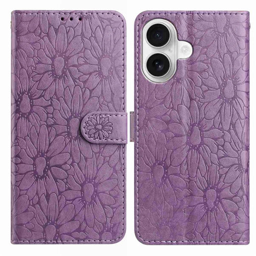 For iPhone 16 Plus Leather Case Daisy Imprint Wallet Stand Phone Protective Cover - Light Purple - 1