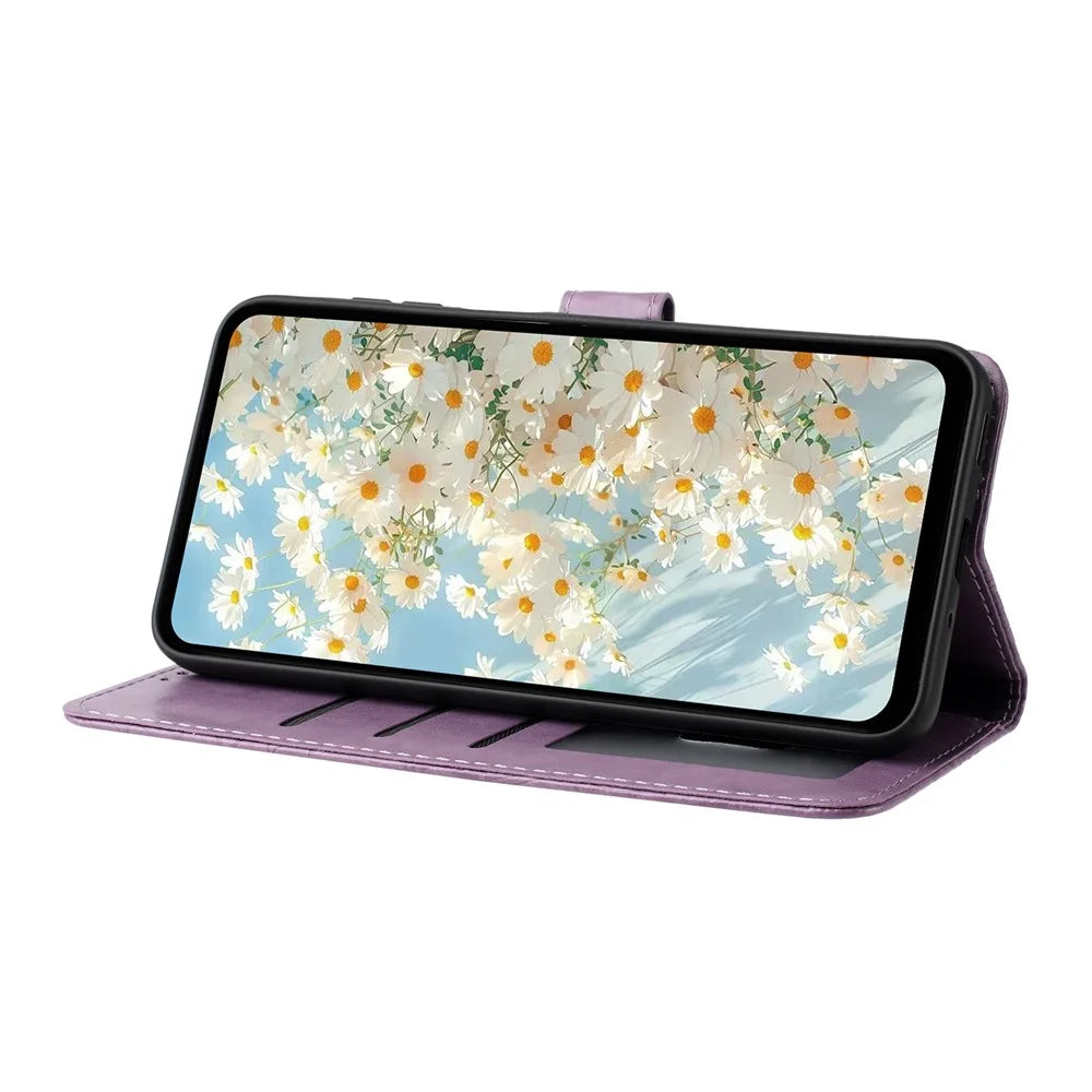 For iPhone 16 Plus Leather Case Daisy Imprint Wallet Stand Phone Protective Cover - Light Purple - 3