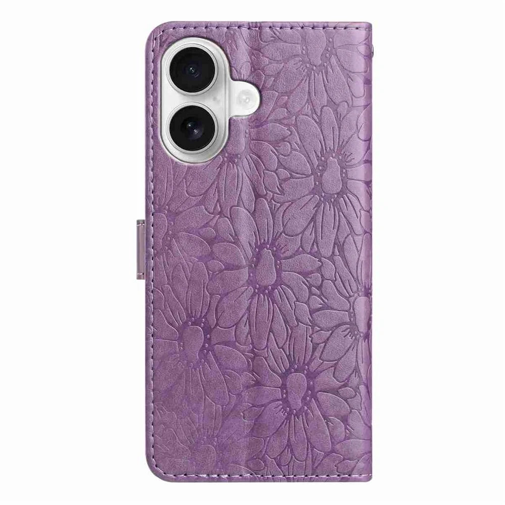 For iPhone 16 Plus Leather Case Daisy Imprint Wallet Stand Phone Protective Cover - Light Purple - 6