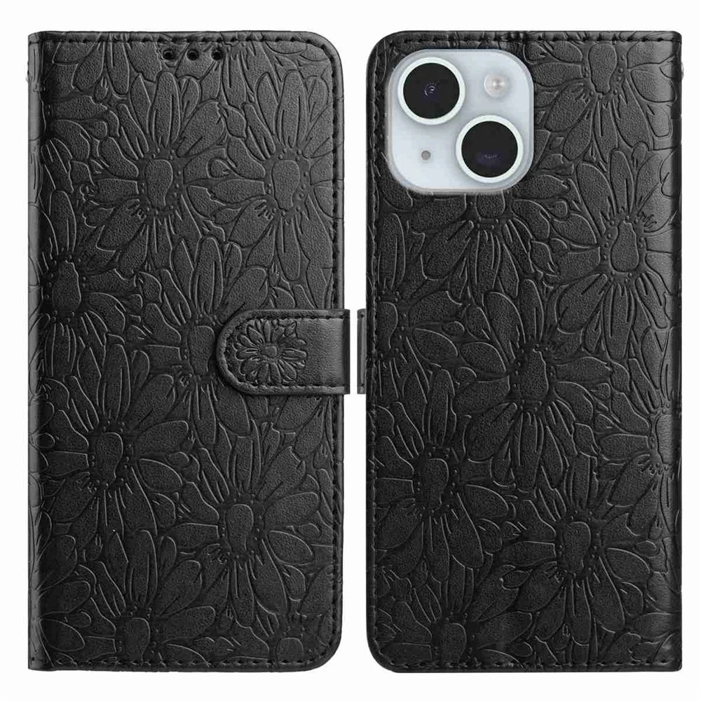 For iPhone 15 Leather Case Daisy Imprint Wallet Stand Phone Protective Cover - Black - 1