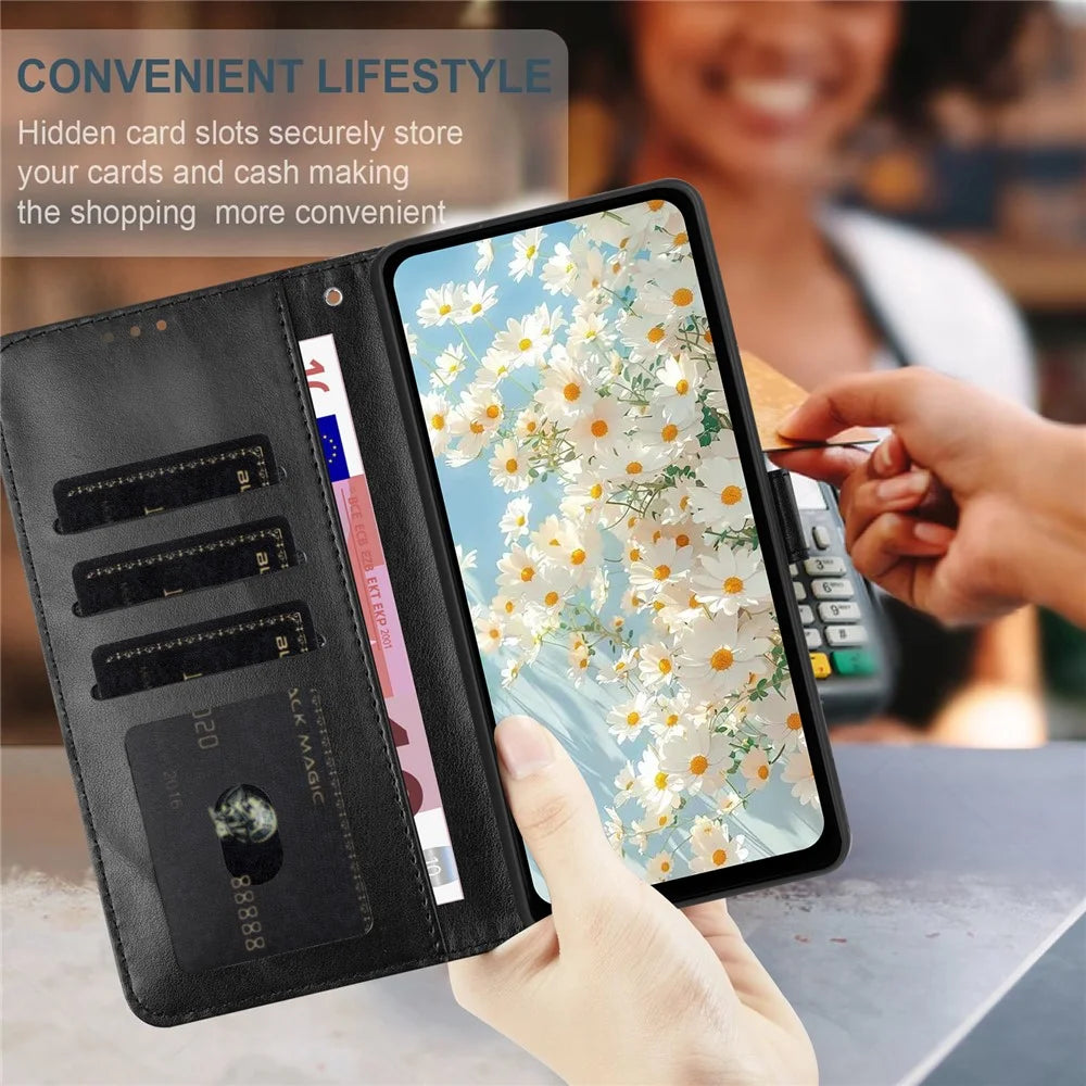 For iPhone 15 Leather Case Daisy Imprint Wallet Stand Phone Protective Cover - Black - 4