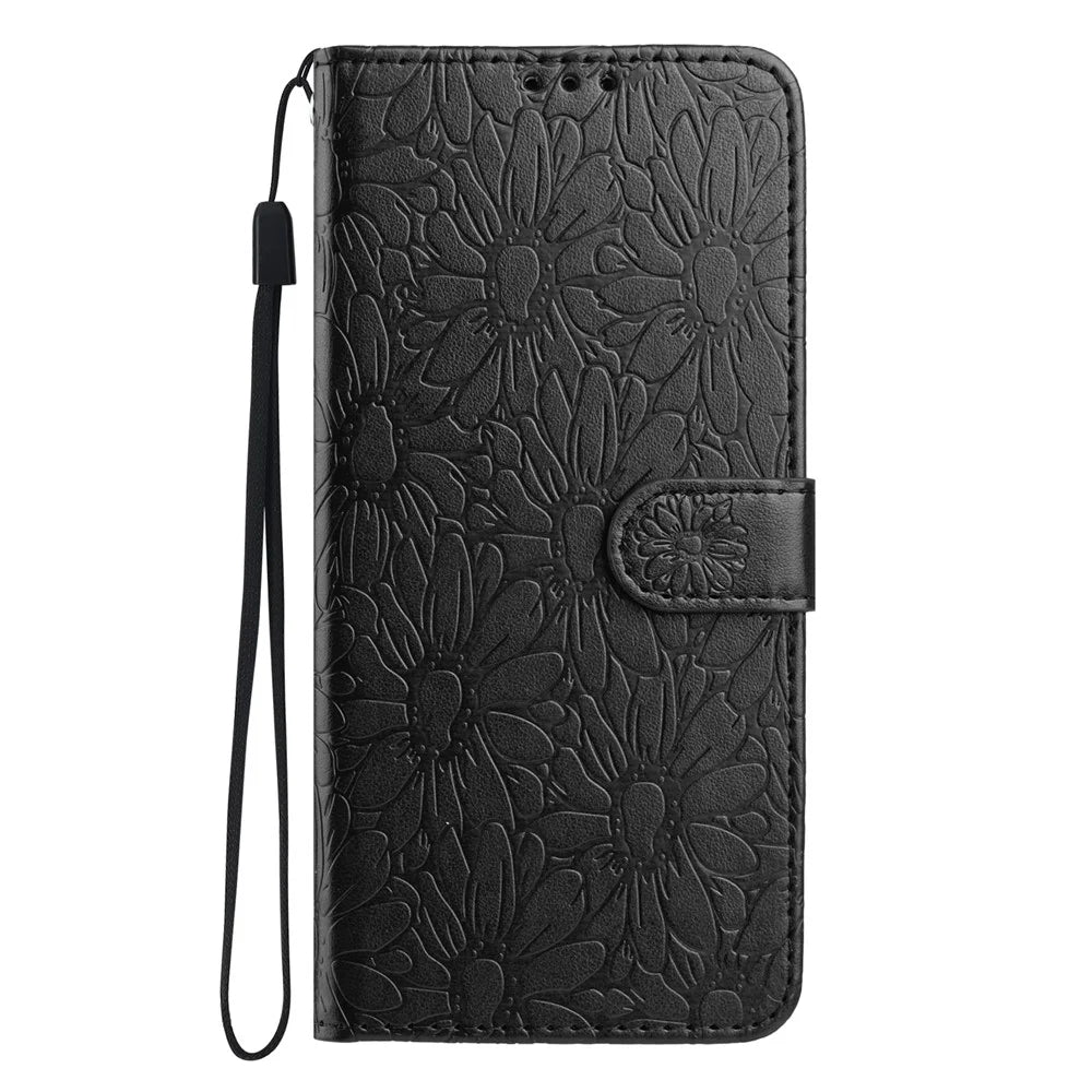 For iPhone 15 Leather Case Daisy Imprint Wallet Stand Phone Protective Cover - Black - 5