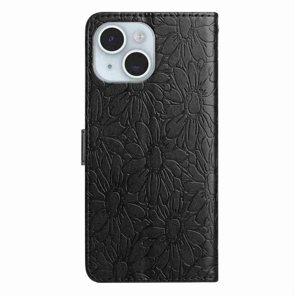 For iPhone 15 Leather Case Daisy Imprint Wallet Stand Phone Protective Cover - Black - 6