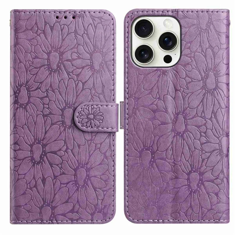 For iPhone 15 Pro Leather Case Daisy Imprint Wallet Stand Phone Protective Cover - Light Purple - 1