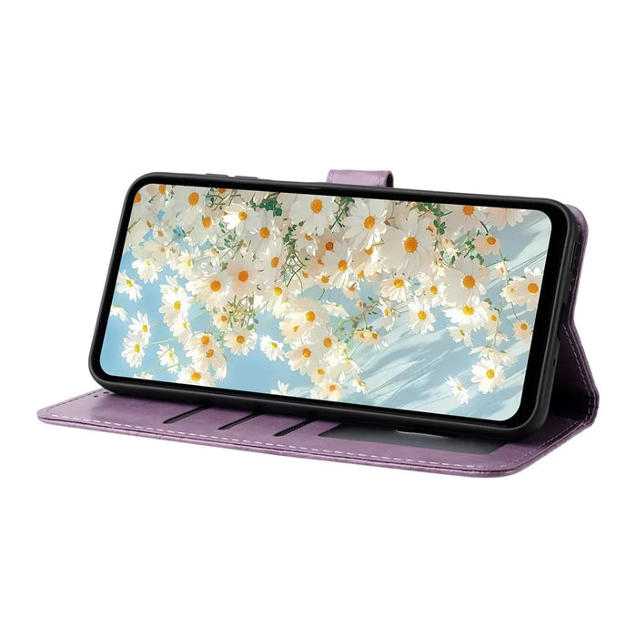 For iPhone 15 Pro Leather Case Daisy Imprint Wallet Stand Phone Protective Cover - Light Purple - 3
