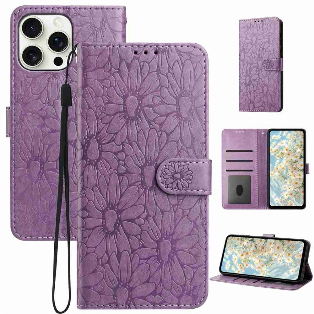 For iPhone 15 Pro Leather Case Daisy Imprint Wallet Stand Phone Protective Cover - Light Purple - 5