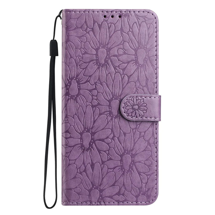 For iPhone 15 Pro Leather Case Daisy Imprint Wallet Stand Phone Protective Cover - Light Purple - 6