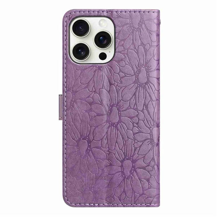 For iPhone 15 Pro Leather Case Daisy Imprint Wallet Stand Phone Protective Cover - Light Purple - 7