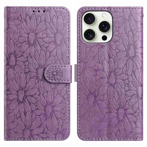 For iPhone 15 Pro Max Leather Case Daisy Imprint Wallet Stand Phone Protective Cover - Light Purple - 1