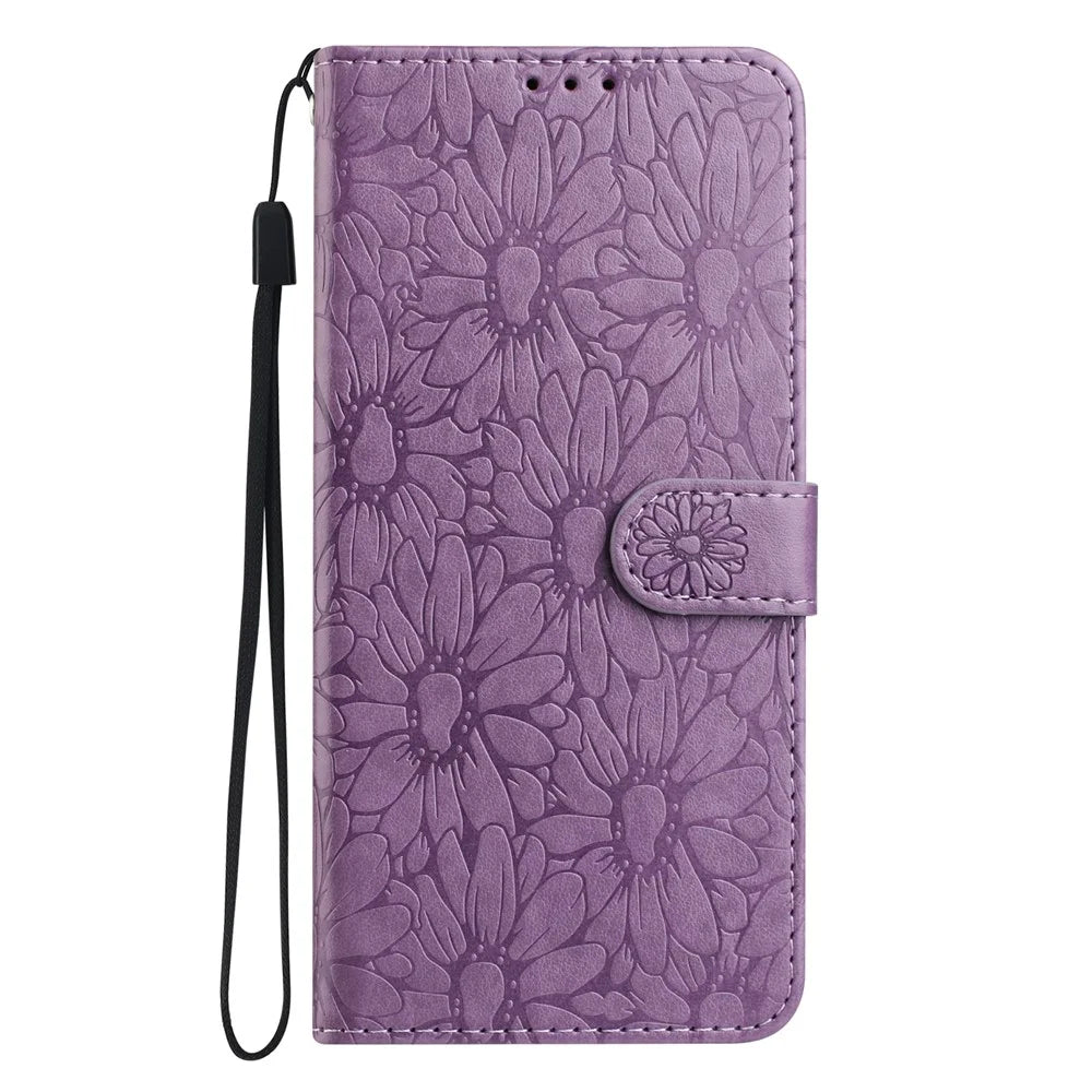 For iPhone 15 Pro Max Leather Case Daisy Imprint Wallet Stand Phone Protective Cover - Light Purple - 5