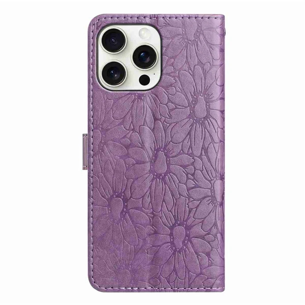 For iPhone 15 Pro Max Leather Case Daisy Imprint Wallet Stand Phone Protective Cover - Light Purple - 6