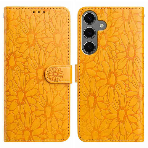 For Samsung Galaxy S25+  /  S24+ Leather Case Daisy Imprint Wallet Stand Phone Protective Cover - Yellow - 1