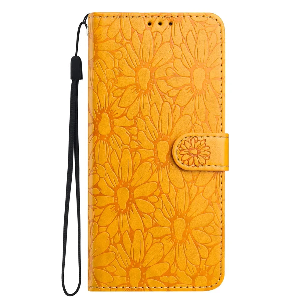 For Samsung Galaxy S25  /  S24 Leather Case Daisy Imprint Wallet Stand Phone Protective Cover - Yellow - 5