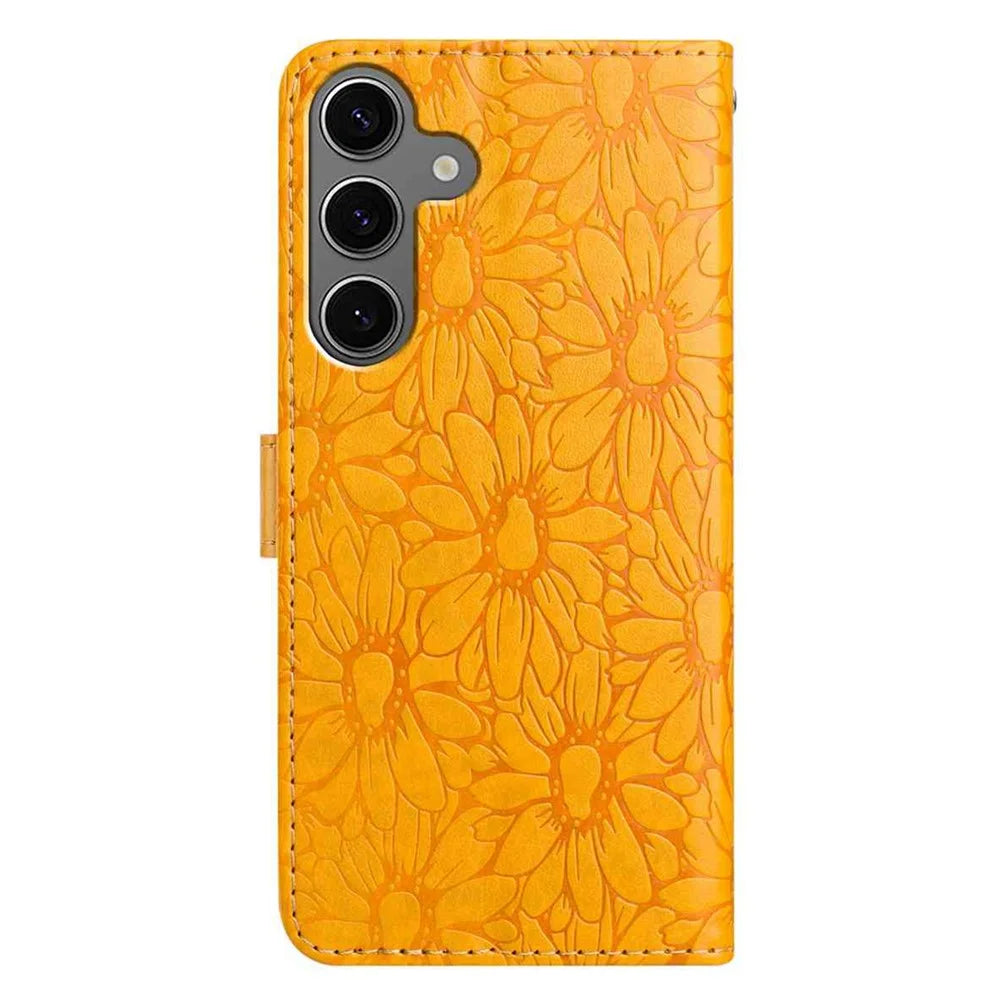 For Samsung Galaxy S25  /  S24 Leather Case Daisy Imprint Wallet Stand Phone Protective Cover - Yellow - 6