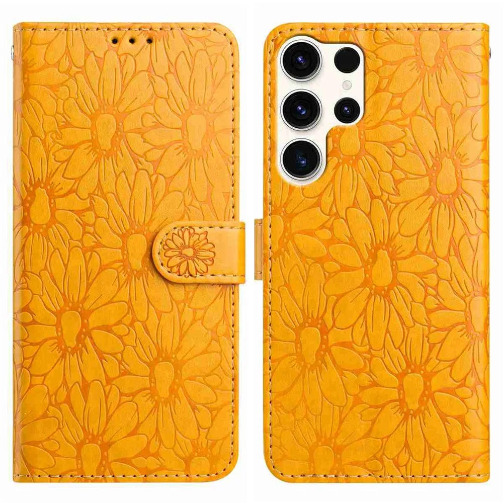 For Samsung Galaxy S24 Ultra Leather Case Daisy Imprint Wallet Stand Phone Protective Cover - Yellow - 1