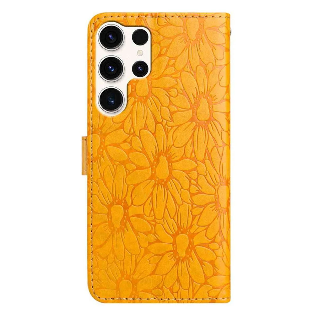 For Samsung Galaxy S24 Ultra Leather Case Daisy Imprint Wallet Stand Phone Protective Cover - Yellow - 6