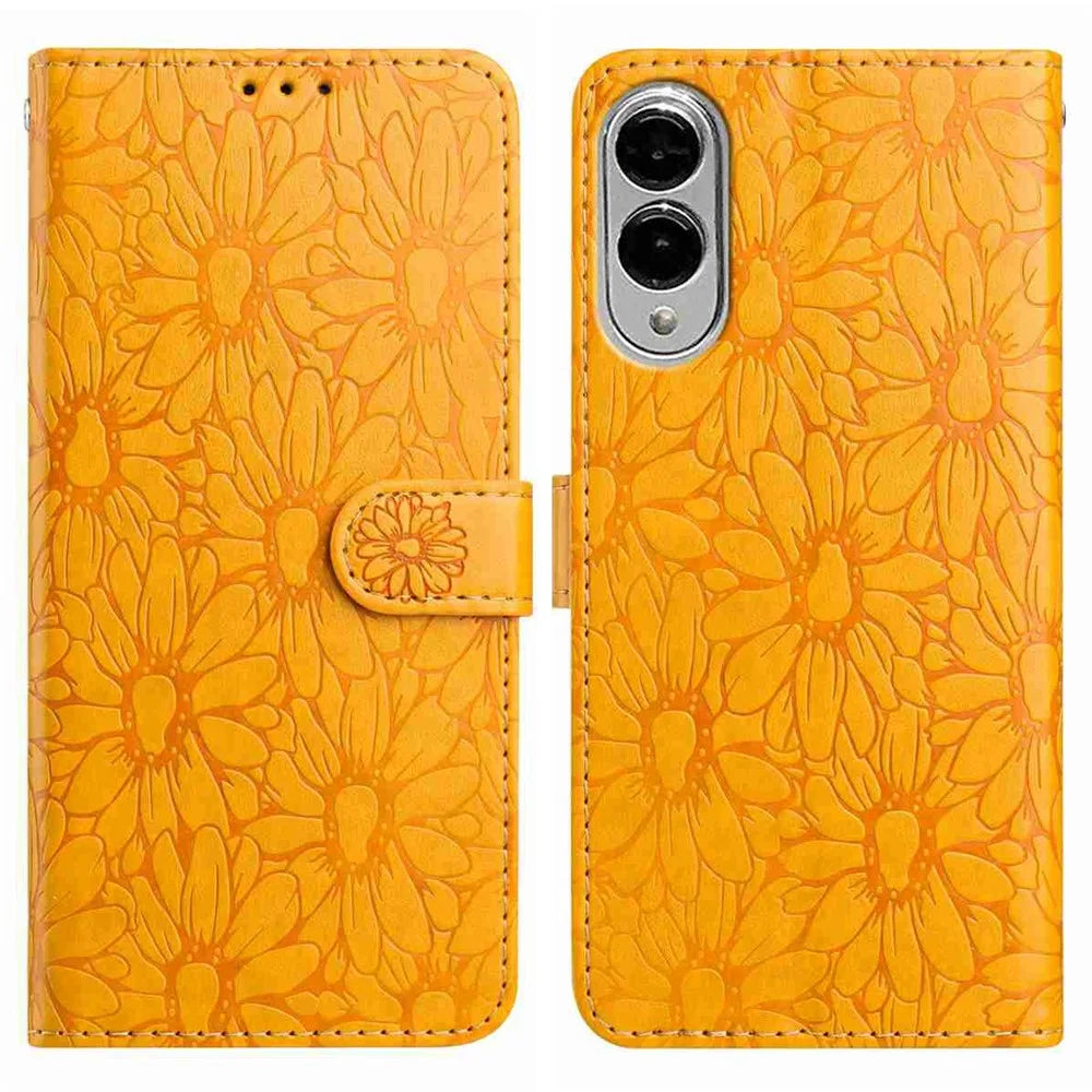 For Samsung Galaxy S25 Edge Leather Case Daisy Imprint Wallet Stand Phone Protective Cover - Yellow - 1