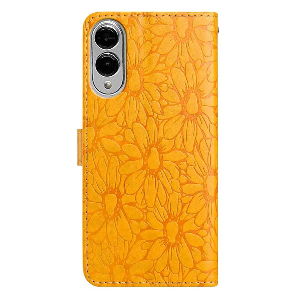 For Samsung Galaxy S25 Edge Leather Case Daisy Imprint Wallet Stand Phone Protective Cover - Yellow - 6