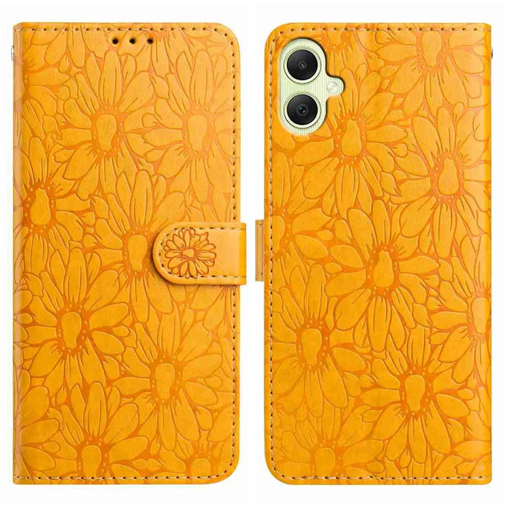 For Samsung Galaxy A08 5G / A08 4G / A07 4G / A06 4G / A06 5G Leather Case Daisy Imprint Wallet Stand Phone Protective Cover - Yellow - 1