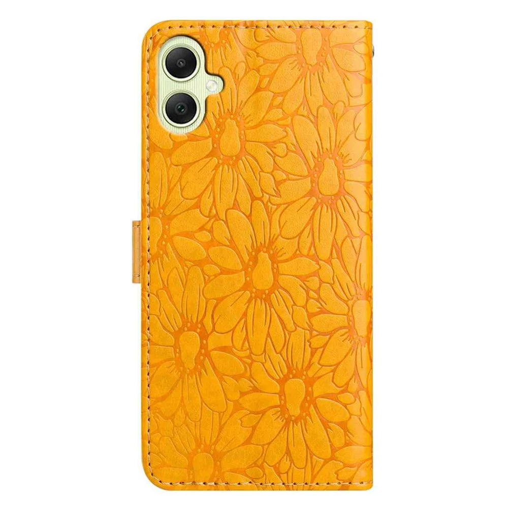 For Samsung Galaxy A08 5G / A08 4G / A07 4G / A06 4G / A06 5G Leather Case Daisy Imprint Wallet Stand Phone Protective Cover - Yellow - 6