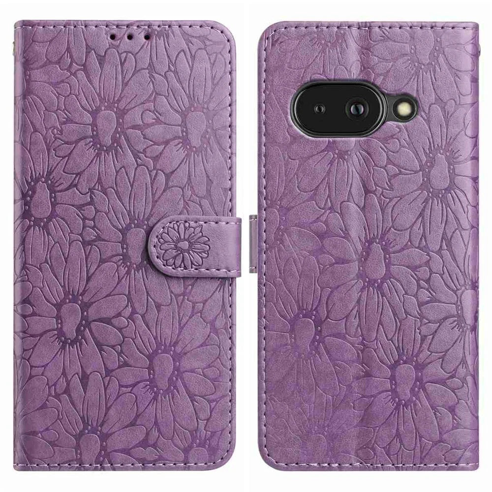 For Google Pixel 9a Leather Case Daisy Imprint Wallet Stand Phone Protective Cover - Light Purple - 1