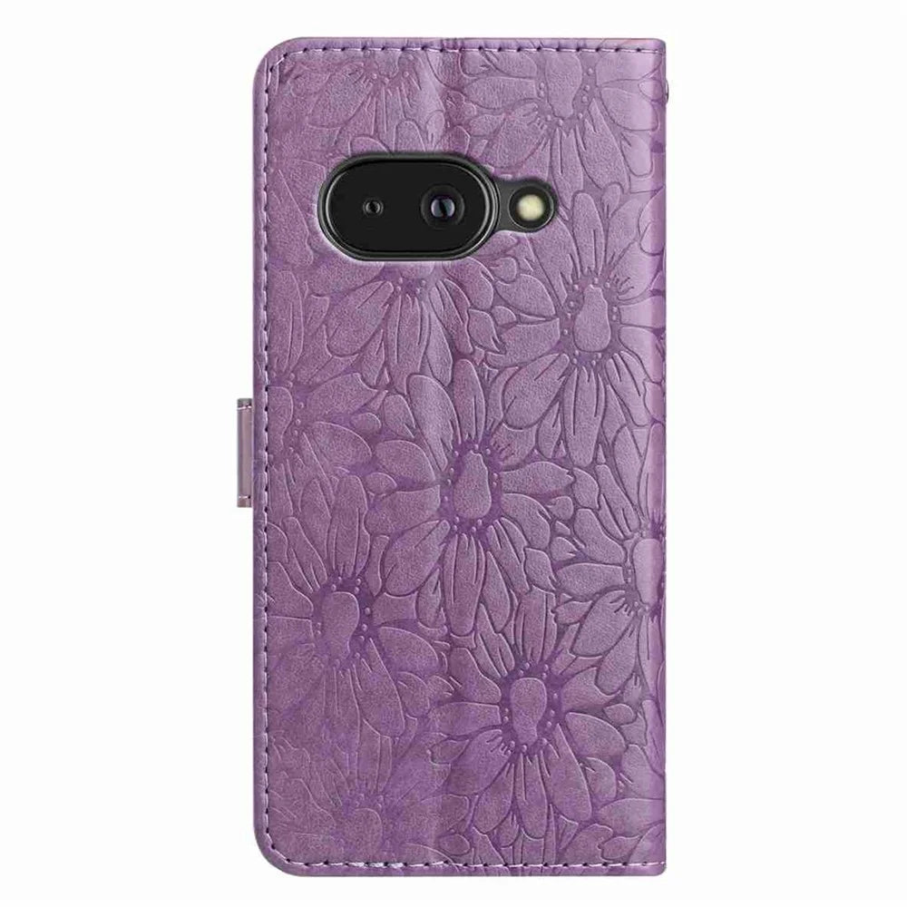 For Google Pixel 9a Leather Case Daisy Imprint Wallet Stand Phone Protective Cover - Light Purple - 6