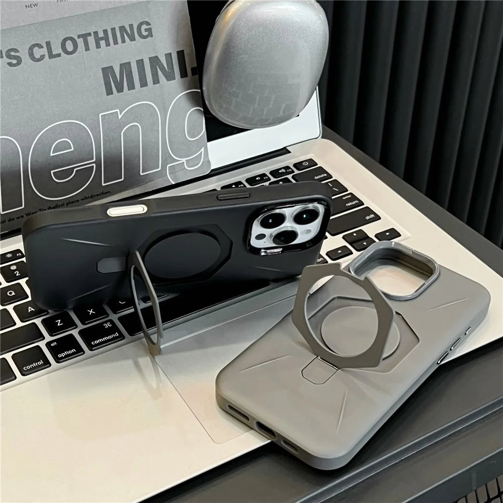 For iPhone 16 Pro Magnetic Case TPU + PC Rhombus Kickstand Phone Back Cover - Brown - 4