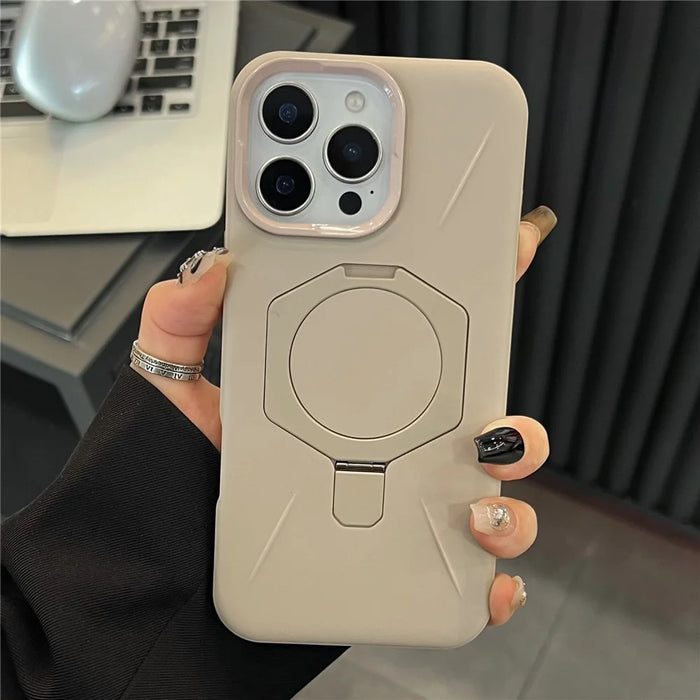 For iPhone 15 Pro Magnetic Case TPU + PC Rhombus Kickstand Phone Back Cover - Beige - 1