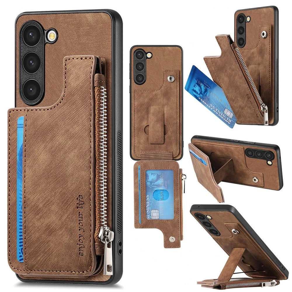 For Samsung Galaxy S23 Case Zipper Card Holder Kickstand Leather + PC + TPU Phone Cover - Brown - 1