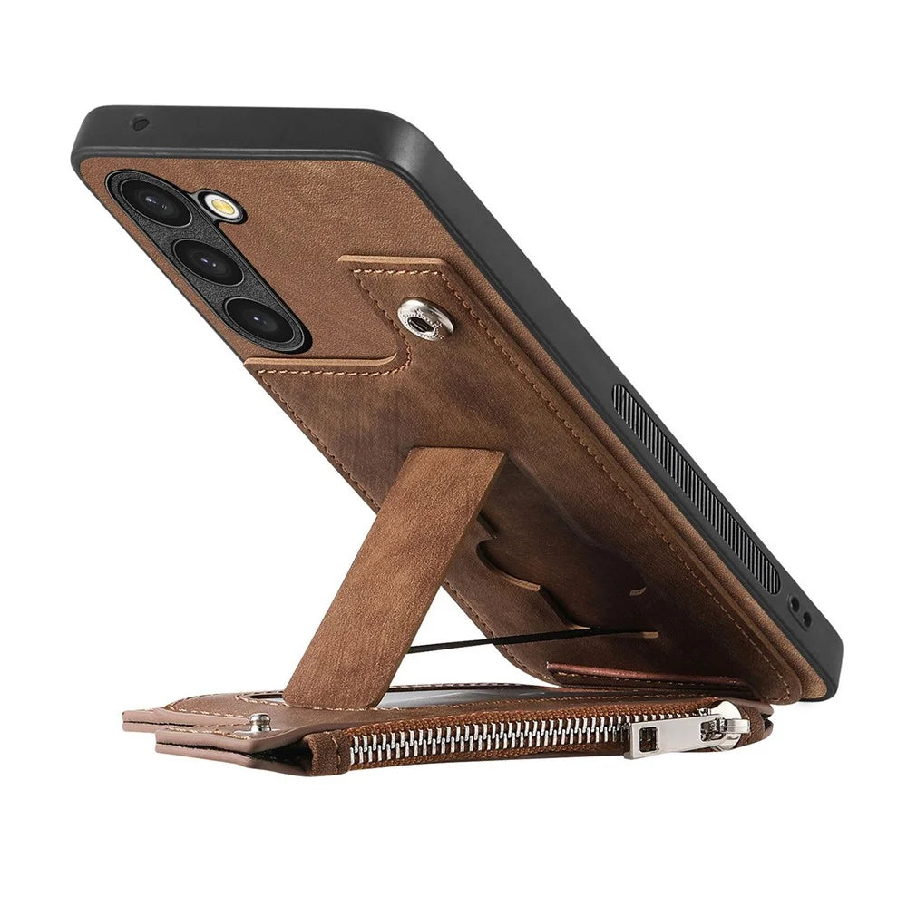 For Samsung Galaxy S23 Case Zipper Card Holder Kickstand Leather + PC + TPU Phone Cover - Brown - 2