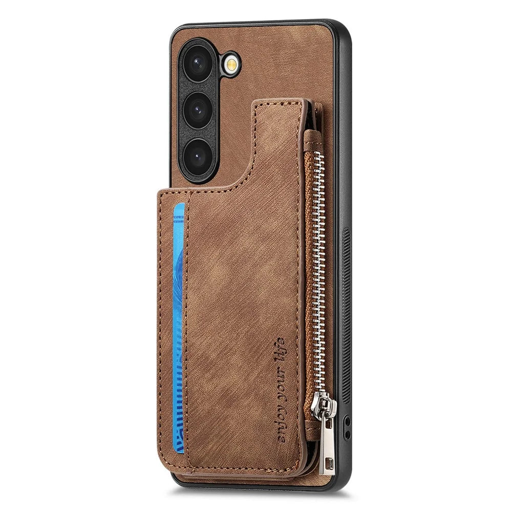 For Samsung Galaxy S23 Case Zipper Card Holder Kickstand Leather + PC + TPU Phone Cover - Brown - 3