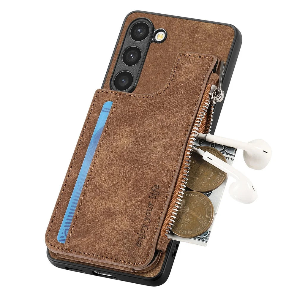 For Samsung Galaxy S23 Case Zipper Card Holder Kickstand Leather + PC + TPU Phone Cover - Brown - 5