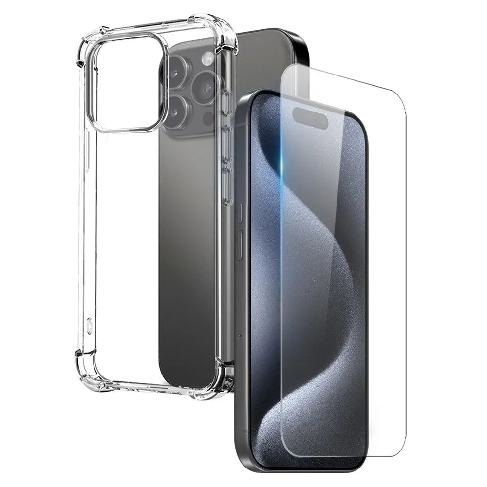 NORTHJO For iPhone 15 Pro Clear Phone Case Four Corner Shockproof TPU Cover with Tempered Glass - 1