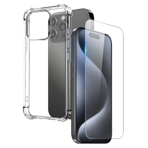 NORTHJO For iPhone 15 Pro Clear Phone Case Four Corner Shockproof TPU Cover with Tempered Glass - 1