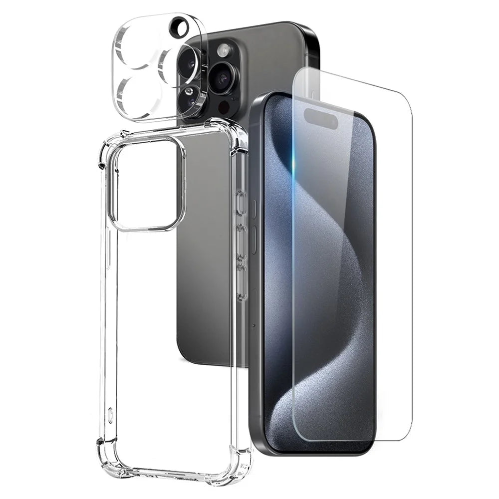 NORTHJO For iPhone 15 Pro Clear Case Shockproof TPU Cover with Tempered Glass and Camera Lens Film - 1