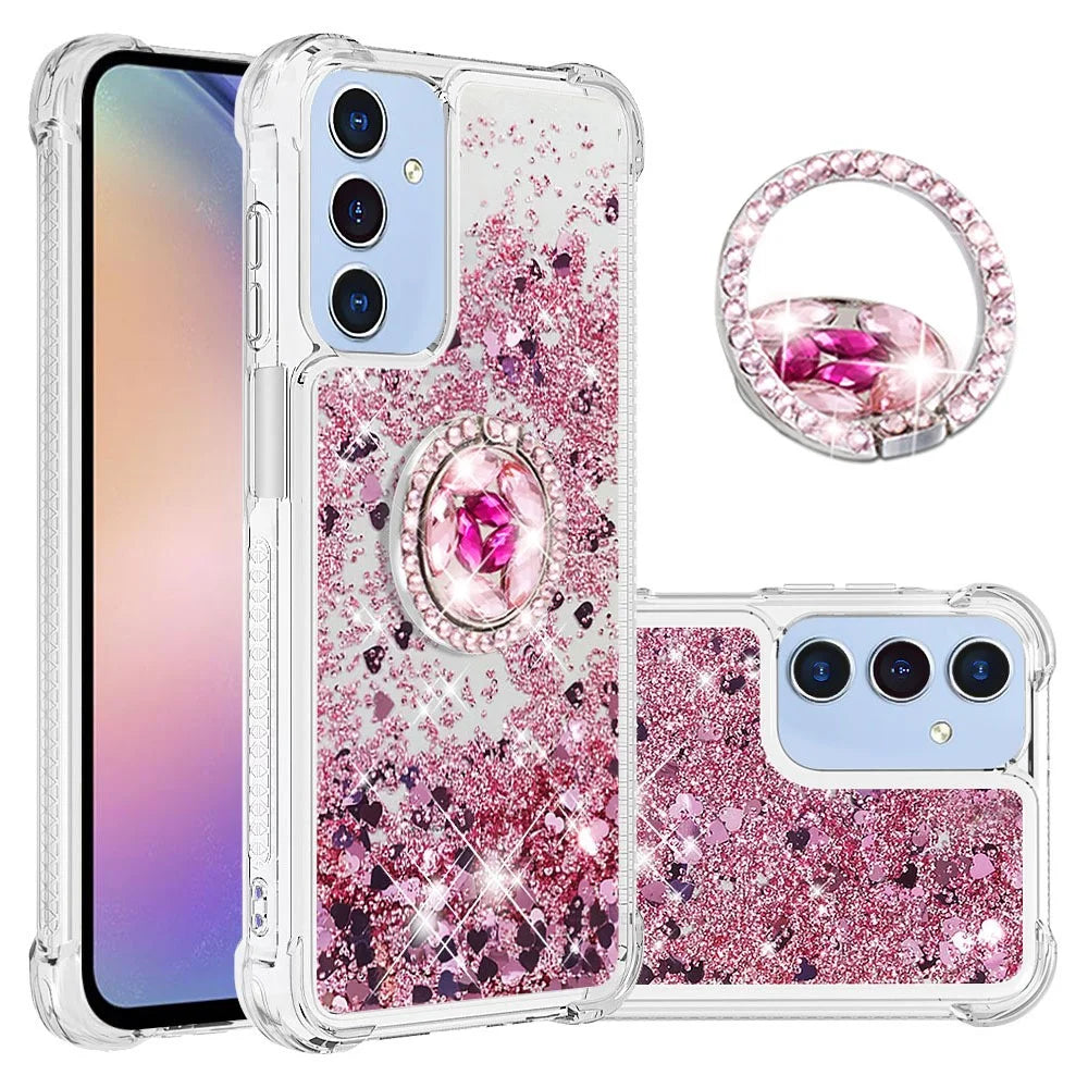 For Samsung Galaxy A16 5G TPU Case with Kickstand Quicksand Shockproof Cover - Rose Gold / Hearts - 1