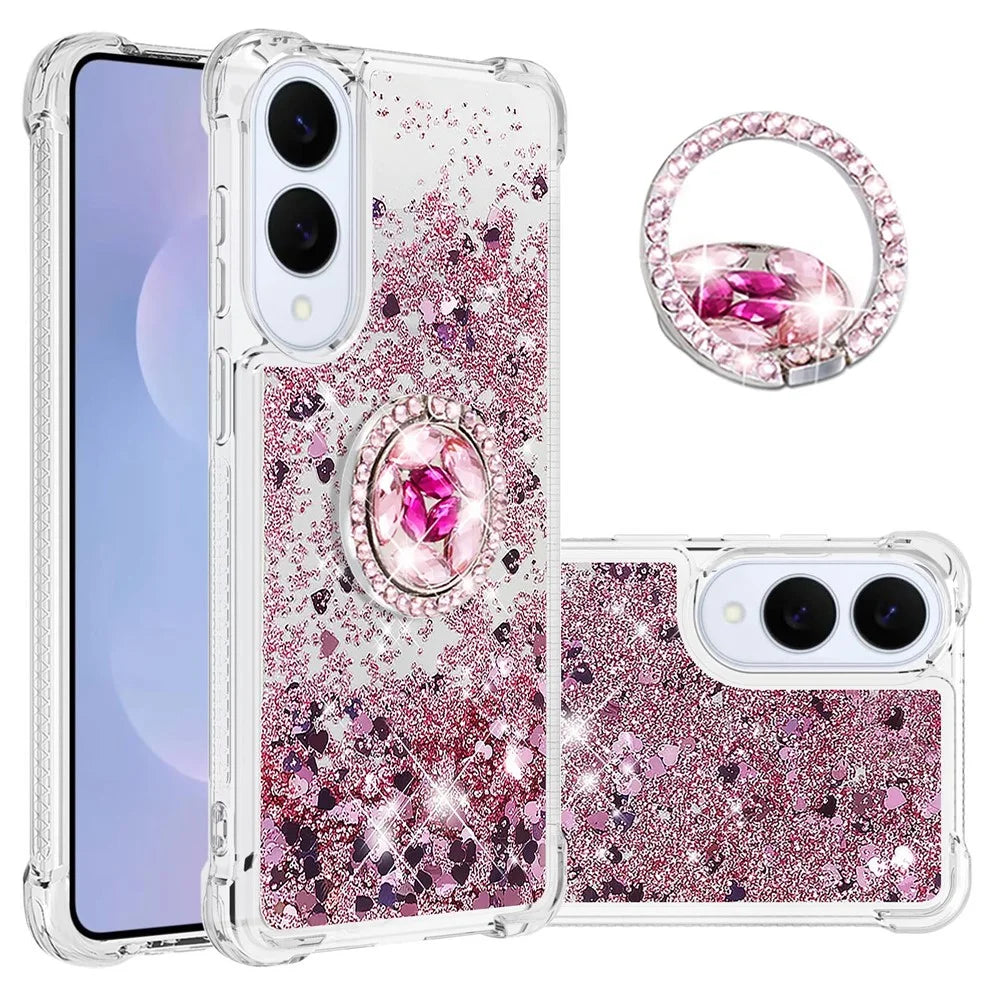 For Samsung Galaxy S25 Edge TPU Case with Kickstand Quicksand Shockproof Cover - Rose Gold / Hearts - 1