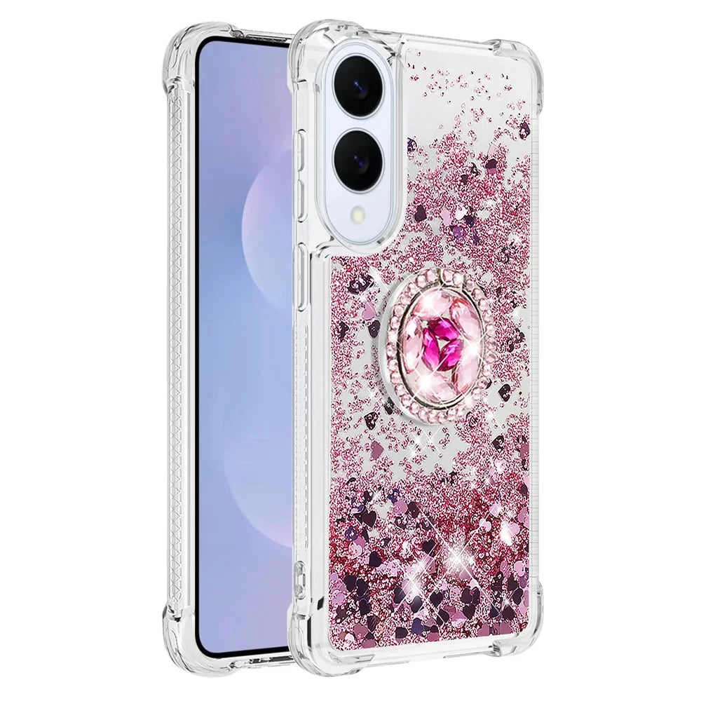 For Samsung Galaxy S25 Edge TPU Case with Kickstand Quicksand Shockproof Cover - Rose Gold / Hearts - 3