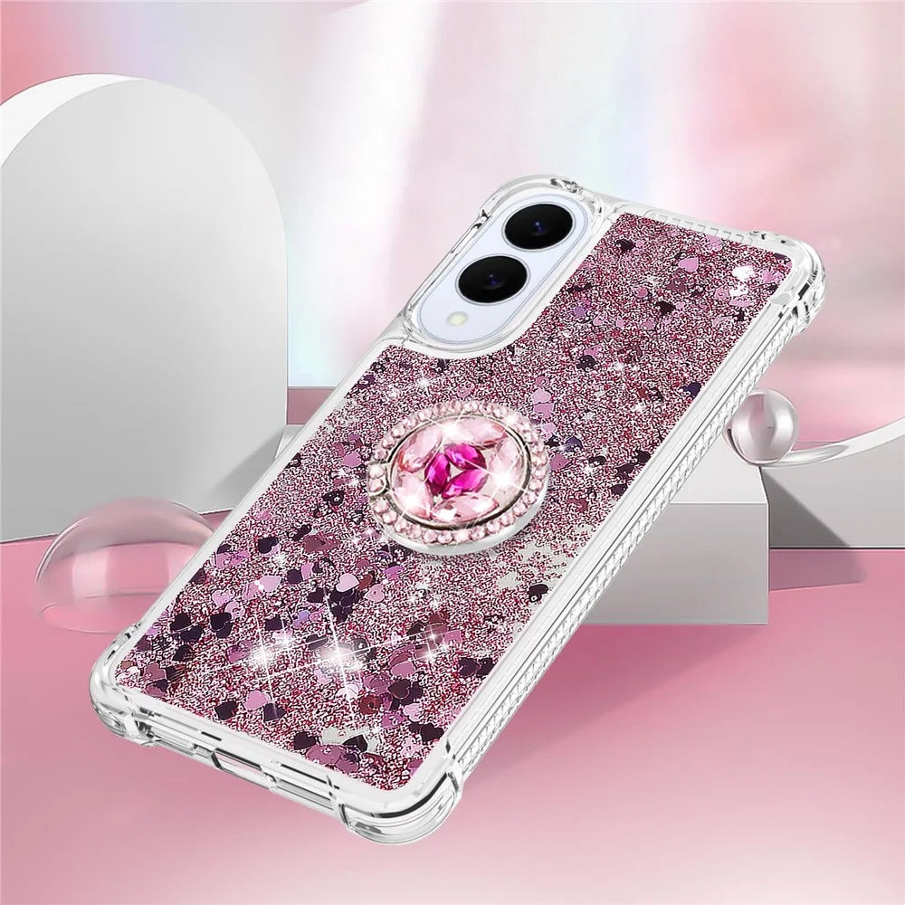 For Samsung Galaxy S25 Edge TPU Case with Kickstand Quicksand Shockproof Cover - Rose Gold / Hearts - 5