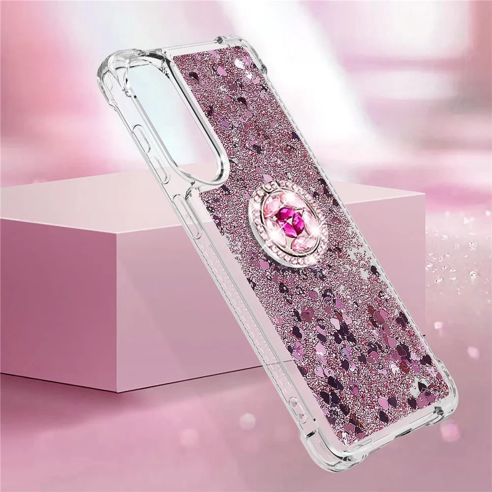 For Samsung Galaxy S25 Edge TPU Case with Kickstand Quicksand Shockproof Cover - Rose Gold / Hearts - 6