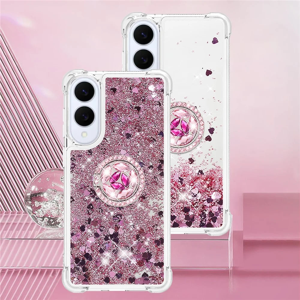 For Samsung Galaxy S25 Edge TPU Case with Kickstand Quicksand Shockproof Cover - Rose Gold / Hearts - 7