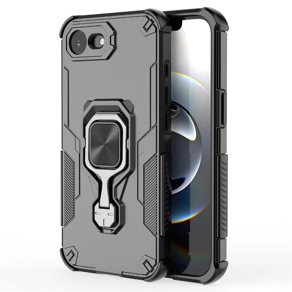 For iPhone 17e / 16e Case Rotatable Ring Kickstand PC + TPU Shockproof Phone Cover - Black - 2