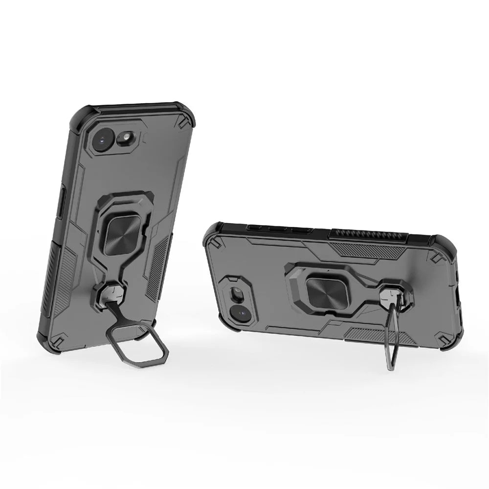 For iPhone 17e / 16e Case Rotatable Ring Kickstand PC + TPU Shockproof Phone Cover - Black - 3