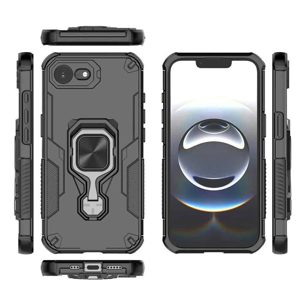 For iPhone 17e / 16e Case Rotatable Ring Kickstand PC + TPU Shockproof Phone Cover - Black - 4