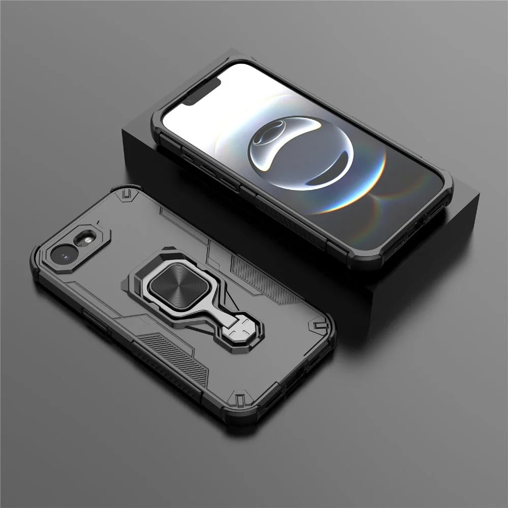 For iPhone 17e / 16e Case Rotatable Ring Kickstand PC + TPU Shockproof Phone Cover - Black - 5