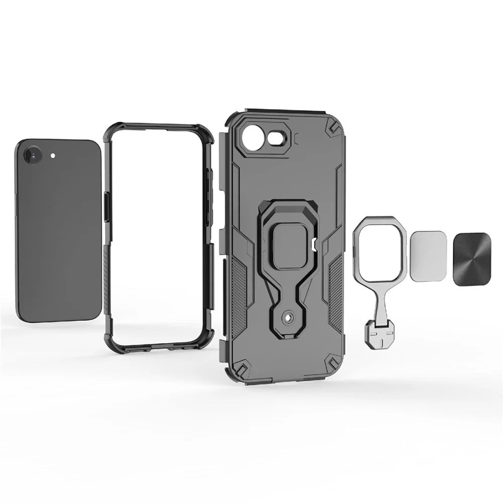 For iPhone 17e / 16e Case Rotatable Ring Kickstand PC + TPU Shockproof Phone Cover - Black - 6